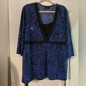 Lane Bryant blue and black with silver sequins. Size tag is cut but P2P is 26”